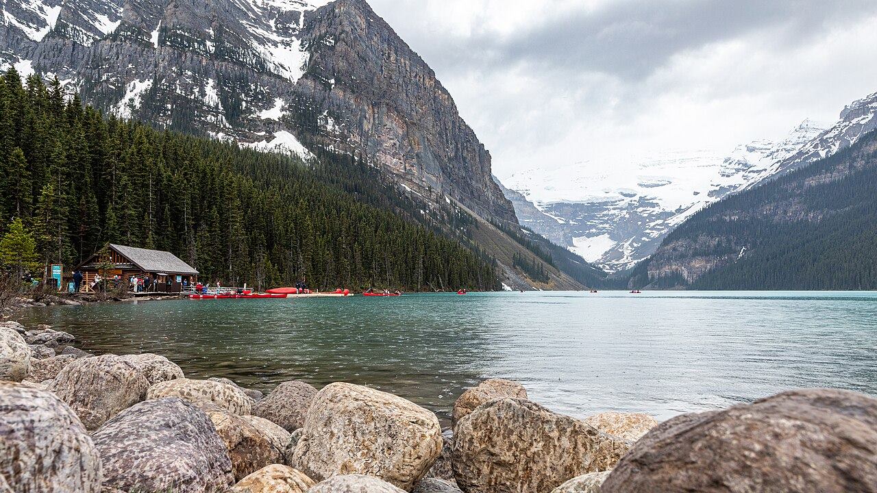 Lake Louise surrounded by mountains in Banff National Park, Canada